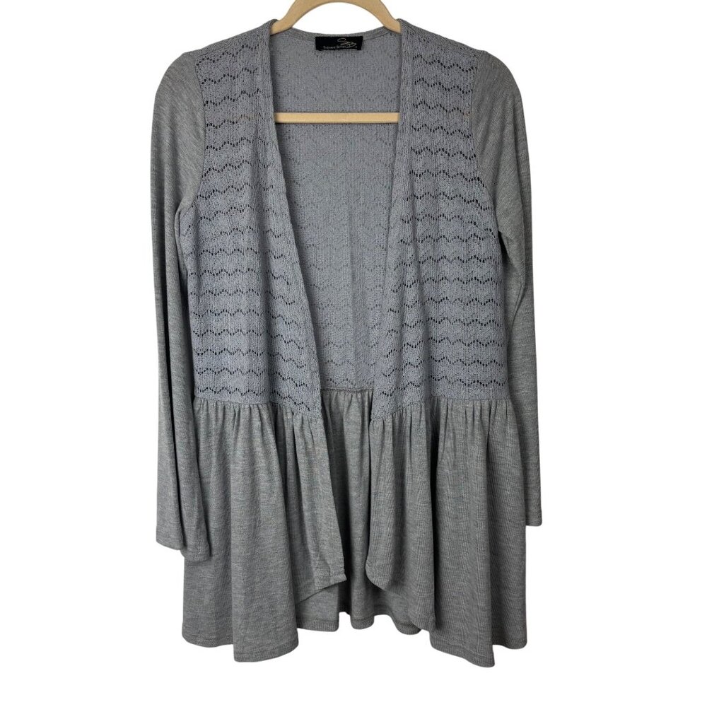 Suzanne Betro M Gray Open Front Long Sleeve Cardigan With Lace Panel & Peplum